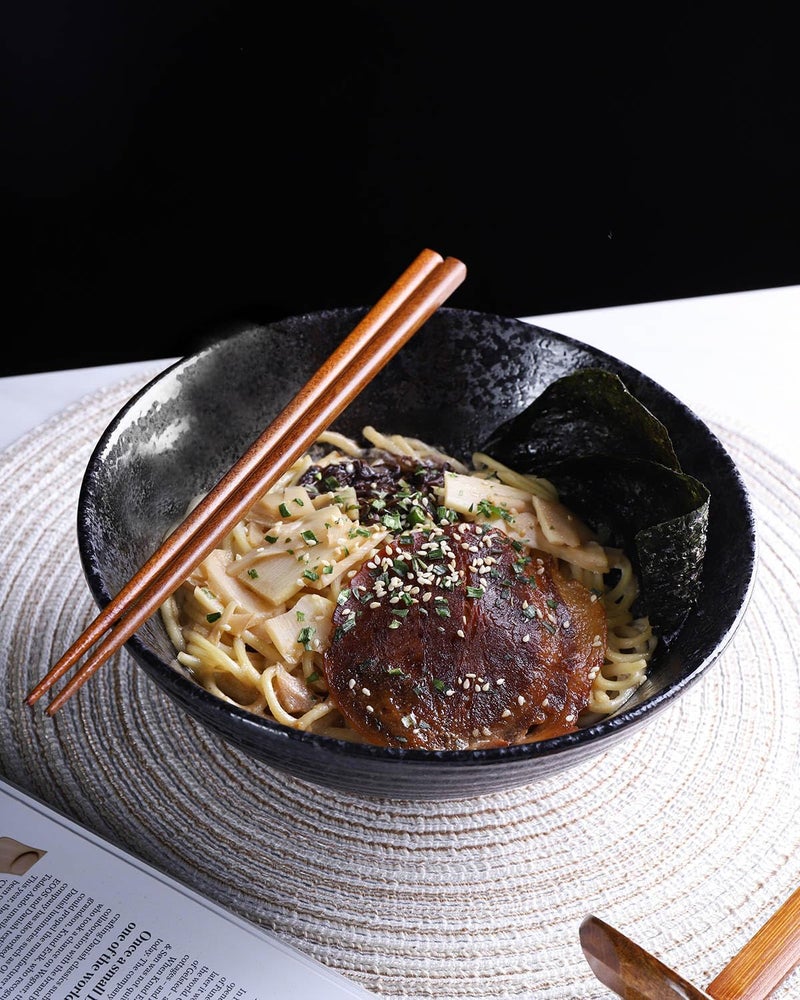 Kanwone Ceramic Japanese Ramen Bowl Set, Noodle Soup Bowls - 37 Ounce, with Matching Spoons and Chopsticks for Udon Soba Pho Asian Noodles, Set of 2, Black - Image 4